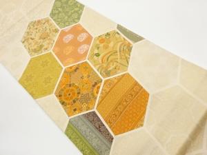 あらいそ製　切り嵌め亀甲に華文・草花・名物裂模様織出し袋帯